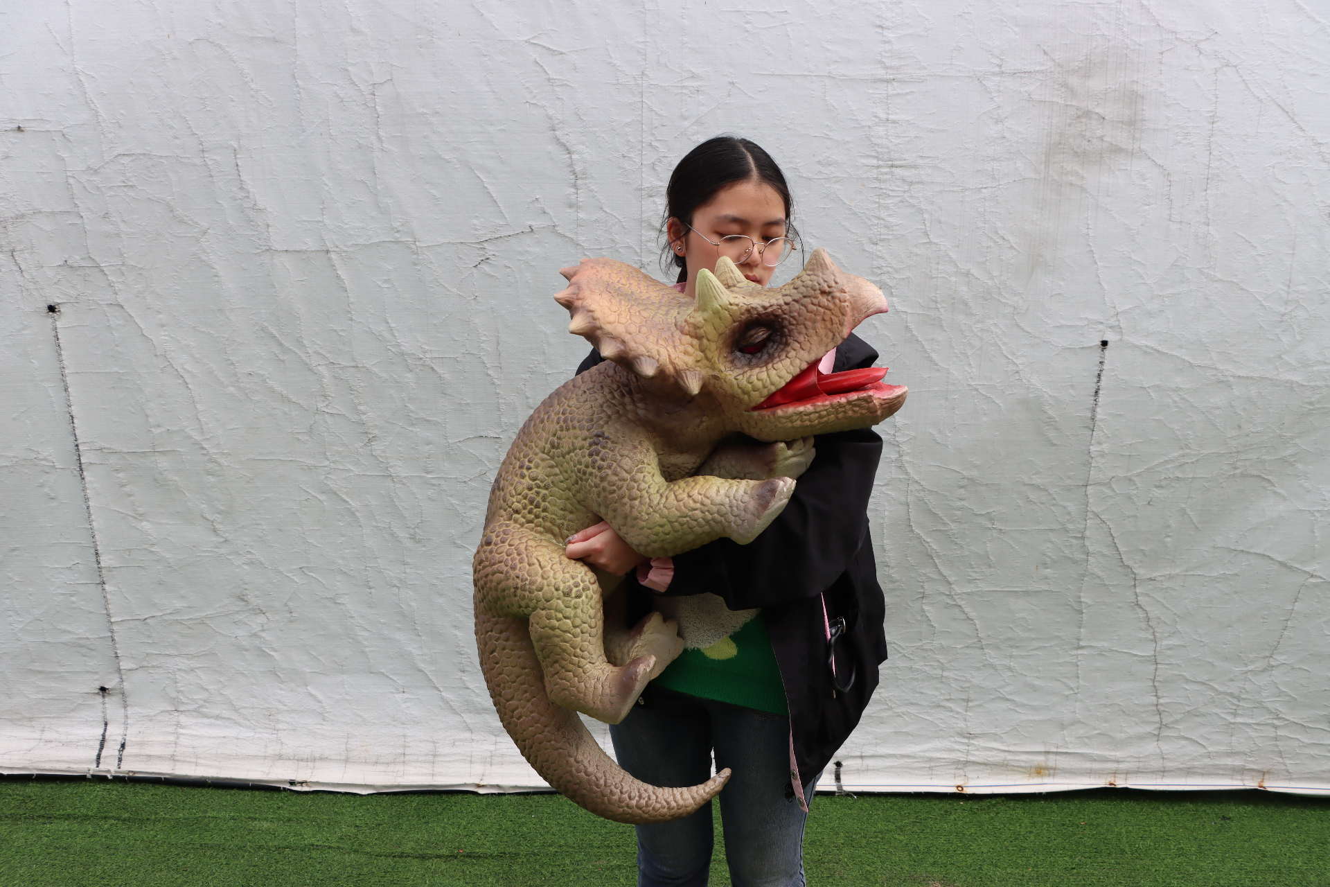 Grey-Green Full-Body Triceratops Cradle Puppet